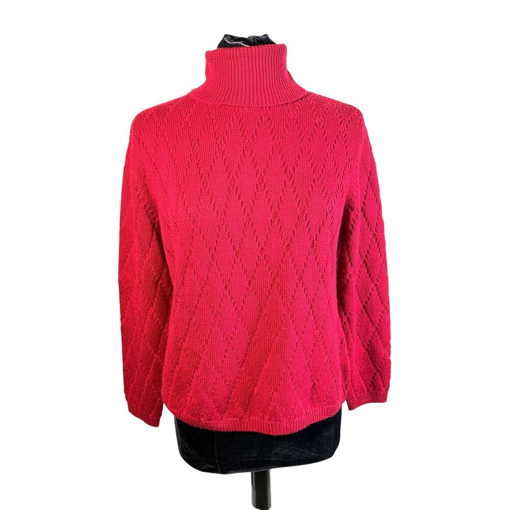 Vintage Talbots Wool Turtleneck Sweater Red L Diamond Knit Made in Hong Kong 90s
